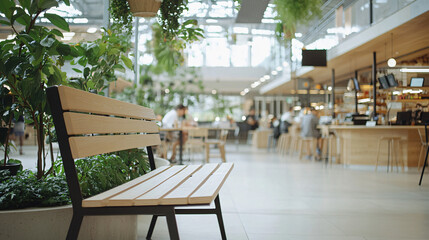 vintage style bench in food court surrounded by greenery, inviting relaxation and social interaction. vibrant atmosphere enhances dining experience