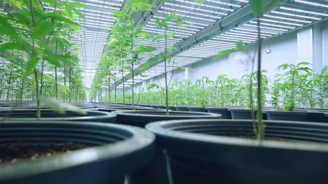 Shot of cannabis plantation room, organic soil planters, cannabis industry, thc cbd weed strai s, growing plant inside controlled greenhouse, temperature airflow humidity control for best quality herb