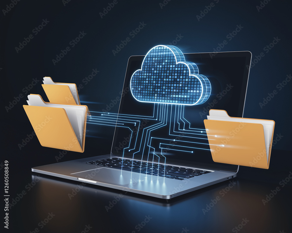 Poster digital cloud storage with data transfer shown on a laptop screen. illustrating cloud computing, fil