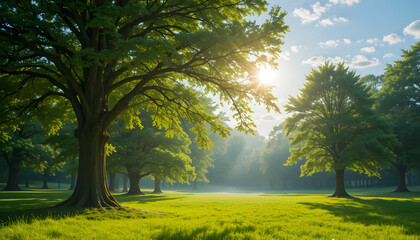 Obraz premium Sunlit meadow with lush green trees