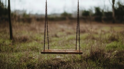 Rusted, abandoned swing set in an overgrown field, symbolizing lost memories