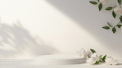 White Podium with Flowers: A minimalist scene with a white cylindrical podium adorned with delicate white blossoms and lush greenery. The soft sunlight casts a gentle shadow on the background.