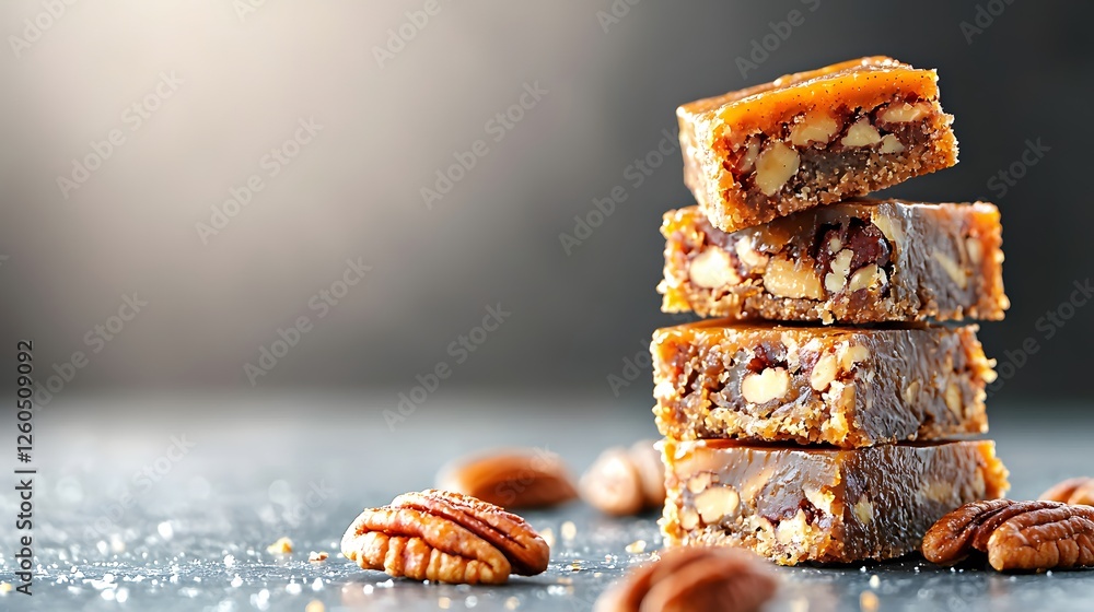 Poster stack of three chocolate pieces topped with nuts and crunchy maple glazed pecan bars on a white back