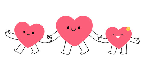Cartoon group of heart characters smiling together. Hand-drawn doodle style symbols family and friends. Love, support, togetherness, friendship, concept. Flat vector isolated illustration
