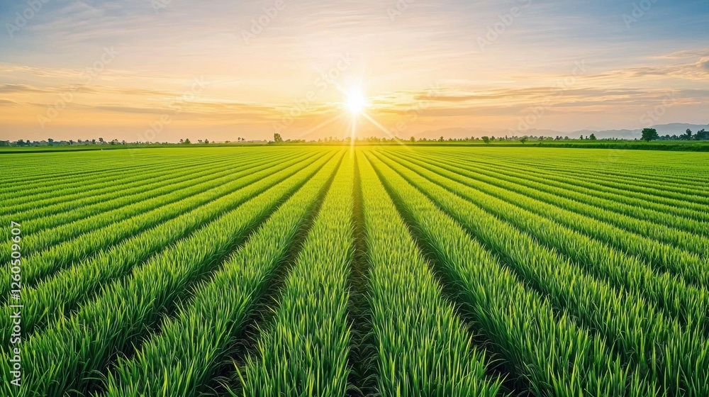 Poster vibrant green rice fields stretch into the distance under a warm setting sun, creating a serene and 