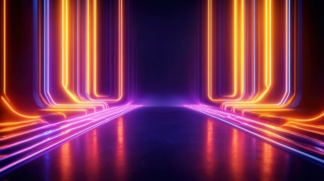 A stunning abstract background featuring vibrant neon lights in a futuristic corridor, perfect for creating unique visuals, digital art, or modern presentations that capture attent