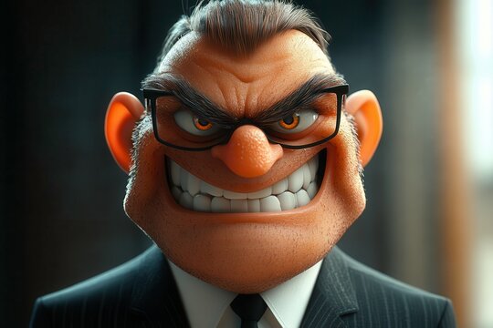 Grumpy Boss With an Evil Smile in a Digital Cartoon Style. Generative AI