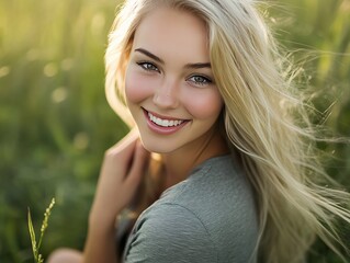 Naklejka premium Gorgeous blonde woman smiling happily in a grassy field, headshot with a focus on her grey shirt and natural light, looking directly at the camera.