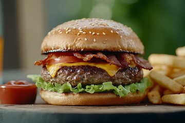 Closeup of a Juicy Cheeseburger with Bacon and Fries