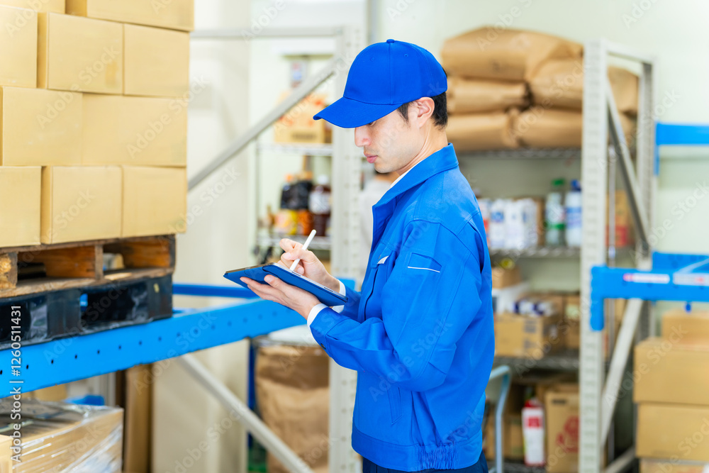 Leinwandbilder 倉庫、DX、WMS、タブレット、管理、荷物、物流、ロジスティクス、棚卸し、男性、スタッフ、日本人、作業員、デリバリー、配送、宅配、在庫、仕事、チェック、確認、トレーサビリティ、デジタル、オンライン、ネットスーパー、卸売業、問屋、集配、センター、テクノロジー、OMS、ピッキング、IIoT、IT、データ、クラウド、通信販売、通販、eコマース、ECサイト、ラストワンマイル、点検、検査、税関、品質、出荷、