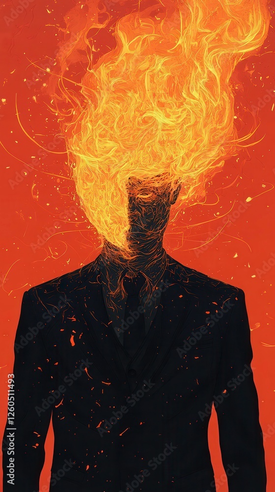 Poster surreal vector art of a figure in a suit with a head made of flames and glowing elements. generative