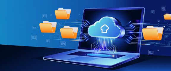 Cloud computing with cloud storage symbol and data transfer process, showing digital transformation and secure data management on a laptop.