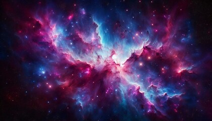 Obraz premium Cosmic Tapestry: A captivating nebula bursts with vibrant hues of magenta and blue, adorned with a smattering of twinkling stars. The celestial canvas swirls and dances.