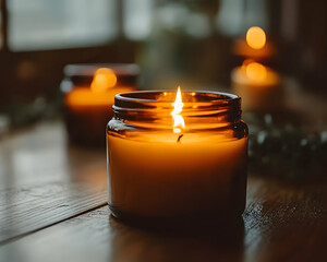 A lit amber candle in a glass jar sits on a wooden table, with blurred candles in the background, creating a warm and inviting atmosphere.