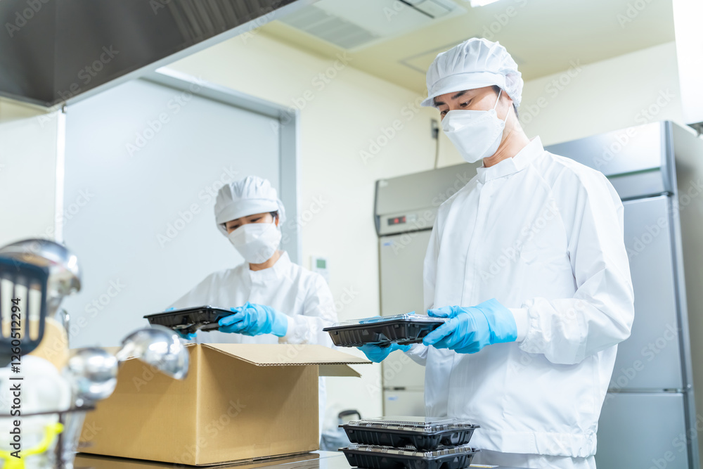 Fototapete 作業員、工場、給食、男性、給食センター、弁当、デリバリー、宅配食、宅配、バックヤード、宅食、弁当箱、配達、配送、白衣、スタッフ、調理師、倉庫、食品、仕事、働く、梱包、ラッピング、包装、物流、ロジスティクス、お取り寄せ、厨房、キッチン、調理場、箱詰め、作業、衛生、クリーン、料理、プラスチック、容器、ダンボール、出前、アセンブリ、女性、マスク、日本人、注文、出荷、弁当屋、ケータリング、お惣菜、スーパー