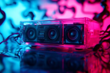 Transparent boombox, neon lights, party, reflective surface