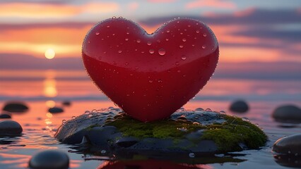 Fototapeta premium bold red heart, glistening with tiny water droplets