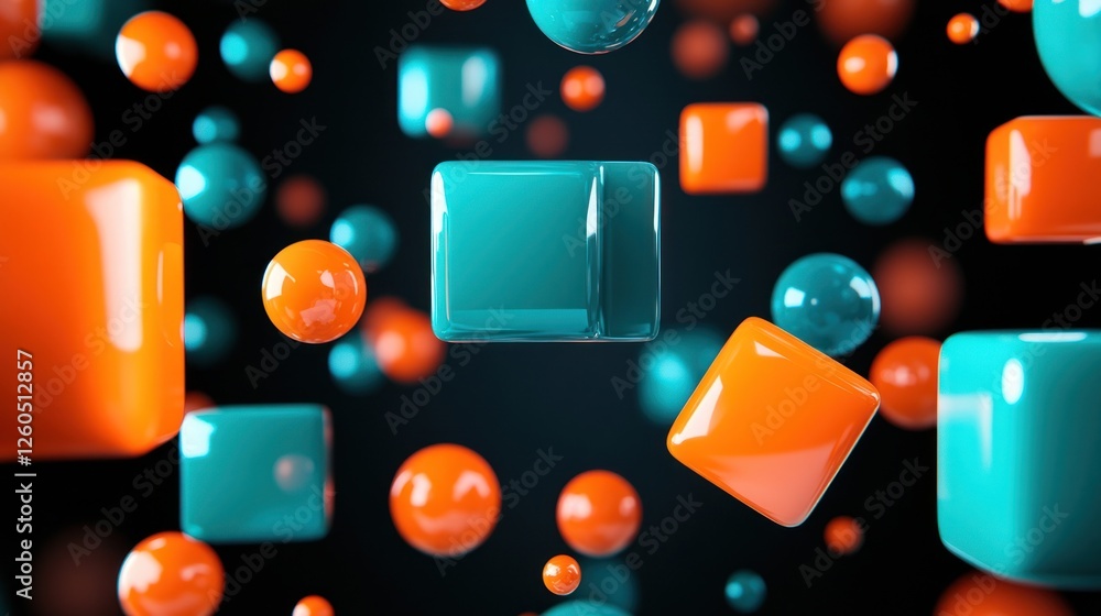 Poster vibrant 3d spheres and cubes in a dynamic composition with dark background