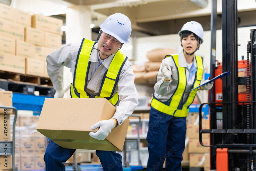 Poster 腰痛、男性、作業員、フォークリフト、ぎっくり腰、荷物、重い、仕事、日本人、倉庫、ダンボール、運ぶ、従業員、働く、がんばる、努力、人力、ハード、物流、ロジスティクス、配送、運送業、安全、工場、工業、産業、労働者、労働、現場、機械、貨物、作業服、痛い、必死、辛い、肉体労働、ガテン系、持ち上げる、ヘルニア、物流センター、運送、作業、配達、ヘルメット、流通、事故、労災、ヒヤリハット、表情、人物
