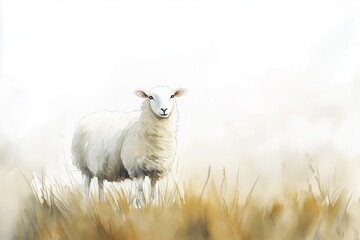 Minimalist watercolor painting of a fluffy sheep standing in a field with a peaceful and serene background.