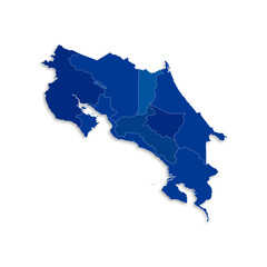 Costa Rica map with border highlighted regions, states, isolated on white background. Template map of Costa Rica. Detailed vector illustration.