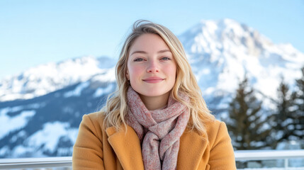 Fototapeta premium Blond woman wearing a coat sitting on a bench enjoying the view of the Canadian Rockies