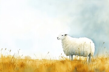 Minimalist watercolor painting of a fluffy sheep standing in a field with a peaceful and serene background.