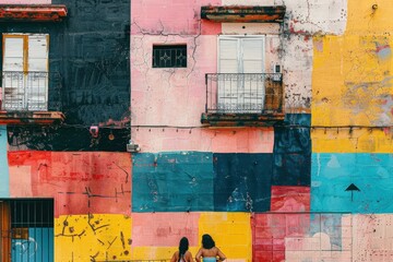 Two people are standing in front of a colorful building