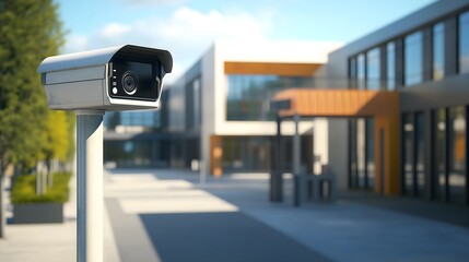 Security features enhance the safety of a modern school campus during sunny daylight hours