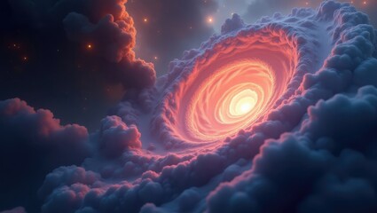 Celestial Vortex Fiery Swirl within Luminous Cloudscape Night Sky Fantasy
