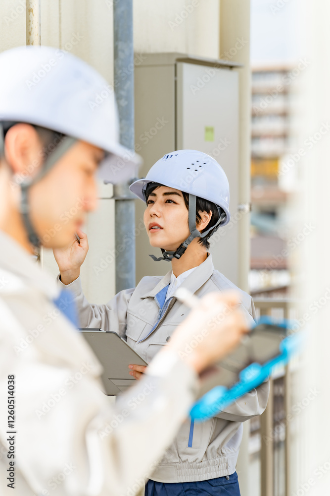 Poster エンジニア、技術者、工場、女性、男性、技師、工事、設備、点検、メンテナンス、建設、測量、安全、確認、検査、日本人、作業、作業服、管理、チェック、仕事、作業員、ビジネス、サポート、書類、テック、設計、電力、産業、工業、検針、整備、修理、電源、制御盤、制御、電気、目視、定期点検、インフラ、老朽化、配管、水道管、見る、ヘルメット、施設、建築、設計士、現場、人物