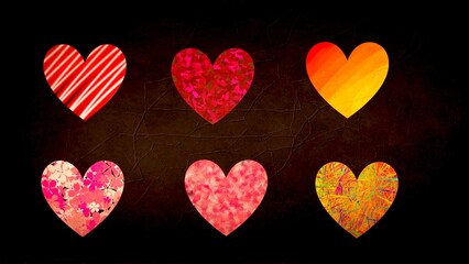 Fototapeta premium Set of six colorful hearts with various patterns and textures arranged on a black background, combining vivid romance with playful contrast and visual variety