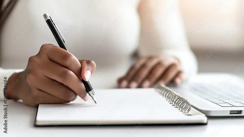 Poster a person writes in a notebook with a pen, while a laptop is visible in the background, suggesting a 