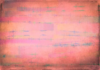 Abstract scribbled linear marks in blue and purple tones over a peach-colored base, on vintage paper texture, blending roughness, layering and soft handmade irregularity