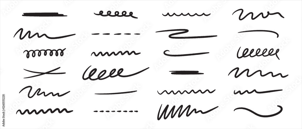 Poster Set of hand drawn underlines. Abstract doodle lines, marker drawing stripes for design. Elements collection isolated on white background.