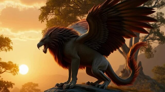 A majestic griffin with the body of a lion and the wings and head of an eagle stands on a rocky outcrop against a dramatic sunset, with mountainous landscapes and lush greenery in the background