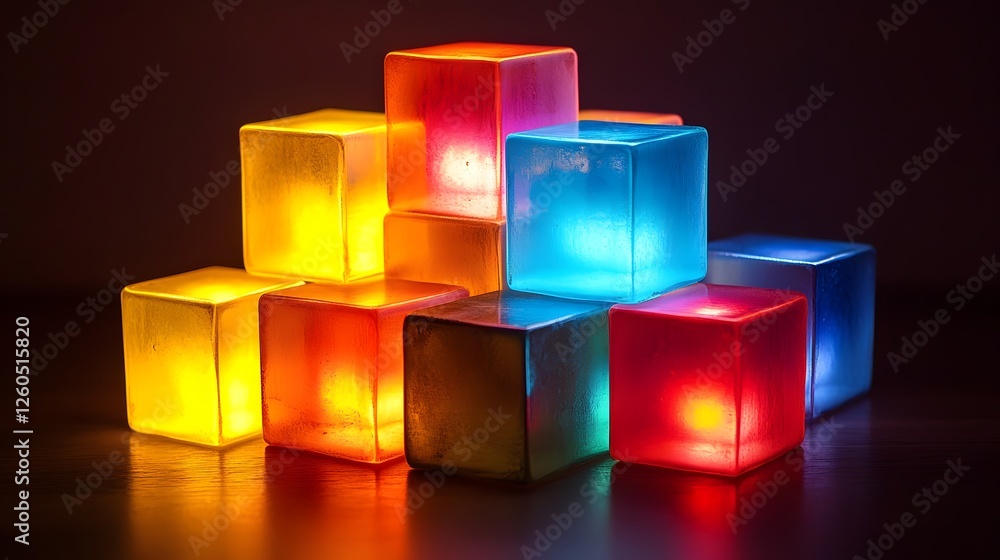 Poster colorful illuminated cubes arranged on a table creating a vibrant display of light and shapes