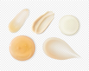 Facial serum and cream smears set realistic vector. Skincare smudges and blobs beige beauty cosmetic product texture