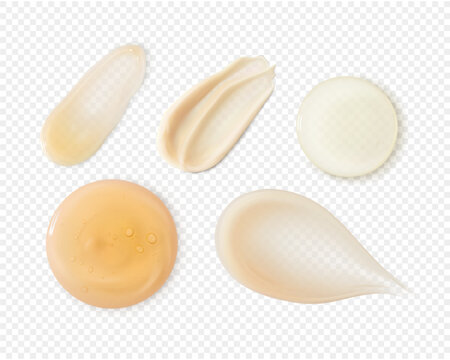 Facial serum and cream smears set realistic vector. Skincare smudges and blobs beige beauty cosmetic product texture