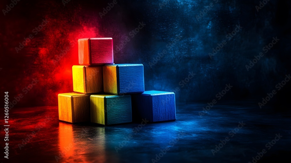Poster stack of colorful cubes in various shapes on a bright background