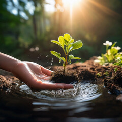 planting plant near by a ponds