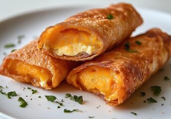 Golden Crunchy Spring Rolls Filled with Creamy Cheese and Sweet Potato on a White Plate with Fresh Green Herbs