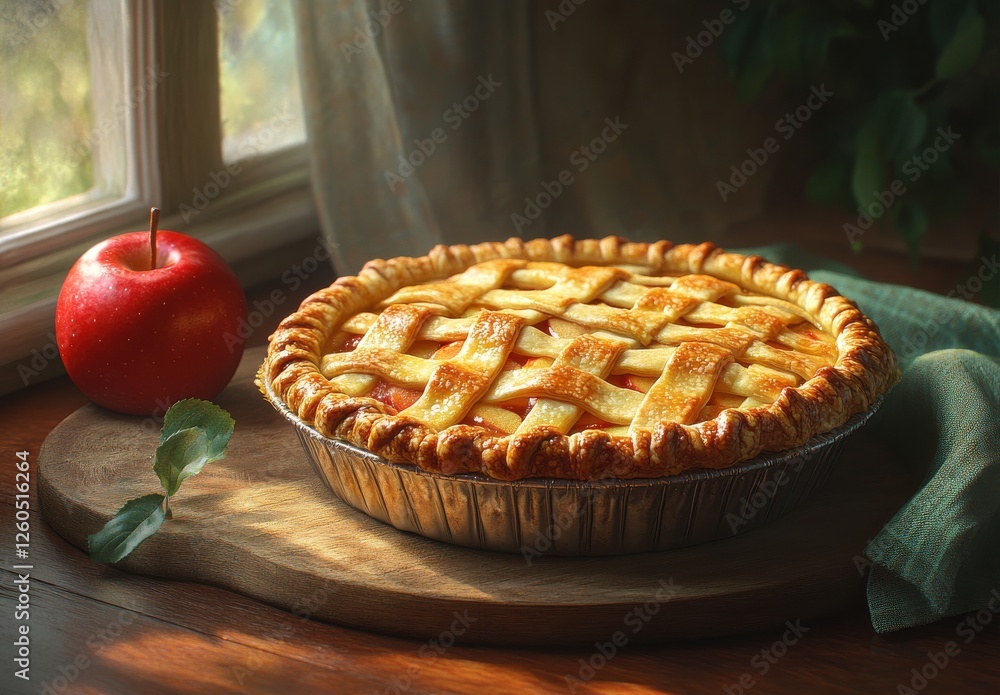 Poster golden lattice apple pie on wooden board with fresh red apple in soft natural light by window in a c