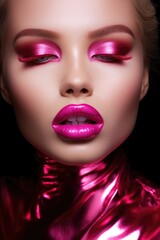 Fototapeta premium Woman with pink makeup. A girl with magenta make-up. Bright metallic eyeshadows and lipstick close up. Fashion and beauty concept.