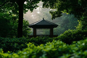 Forest's gazebo, tranquil scene with sun rays in the background for relaxation