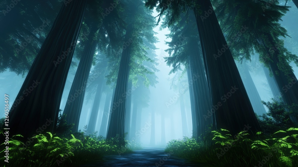 Poster a serene forest landscape with tall trees shrouded in mist, creating a tranquil atmosphere. a meande