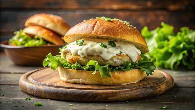 Pan-seared backfisch fillet served on a toasted bun with creamy remoulade sauce and crispy lettuce , meal, fish fillet,  meal