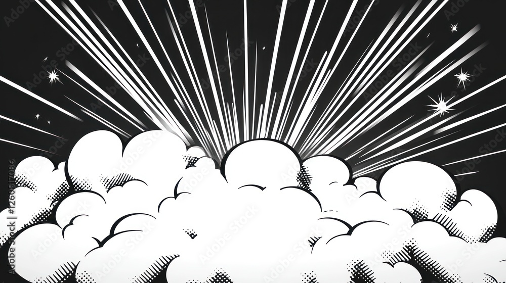 Poster dynamic comic book style background with clouds and speed lines effect