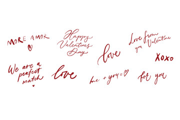 Valentine's Day phrases vector, collection. Calligraphy, lettering. Quote for cards, posters, stickers. Set hand lettered romantic elements. Typography isolated text