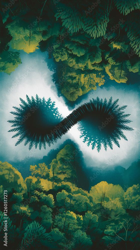 Poster a captivating top-down view of a dense forest with an infinity symbol formed by trees, representing 